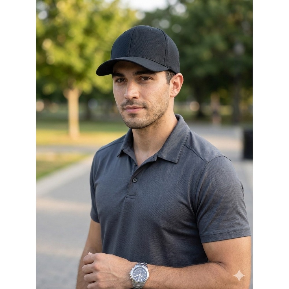 Flexfit Men's Black Hat L-XL Fitted Yupoong Polyester Blank Baseball Cap Stretch